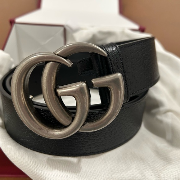 Gucci Double G Silver Buckle TexturedLeather Belt